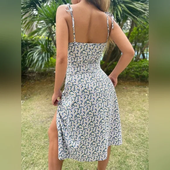 NEW Boho Floral Ruched Midi Summer Dress Cornflower Blue Yellow White Daisy - Picture 4 of 8